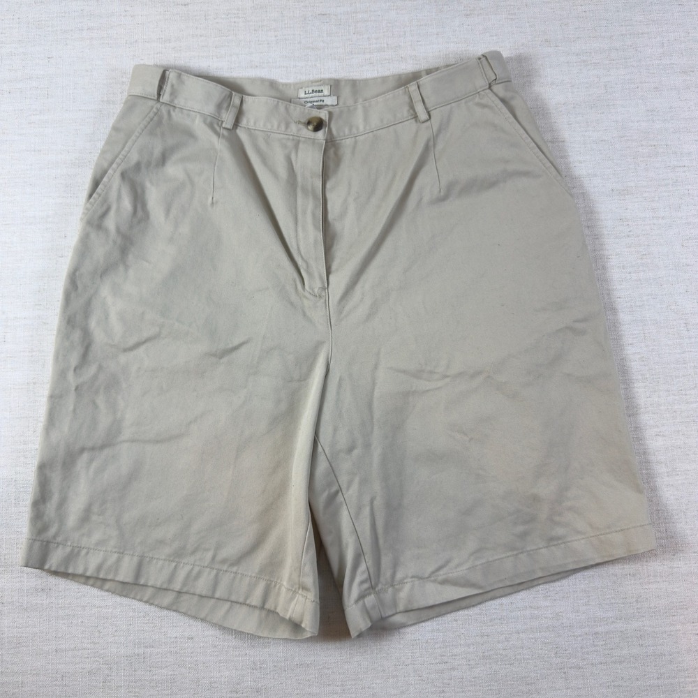 LL Bean Women 16 Khaki Original Fit Pleated Chino Shorts Tan Cotton High Rise